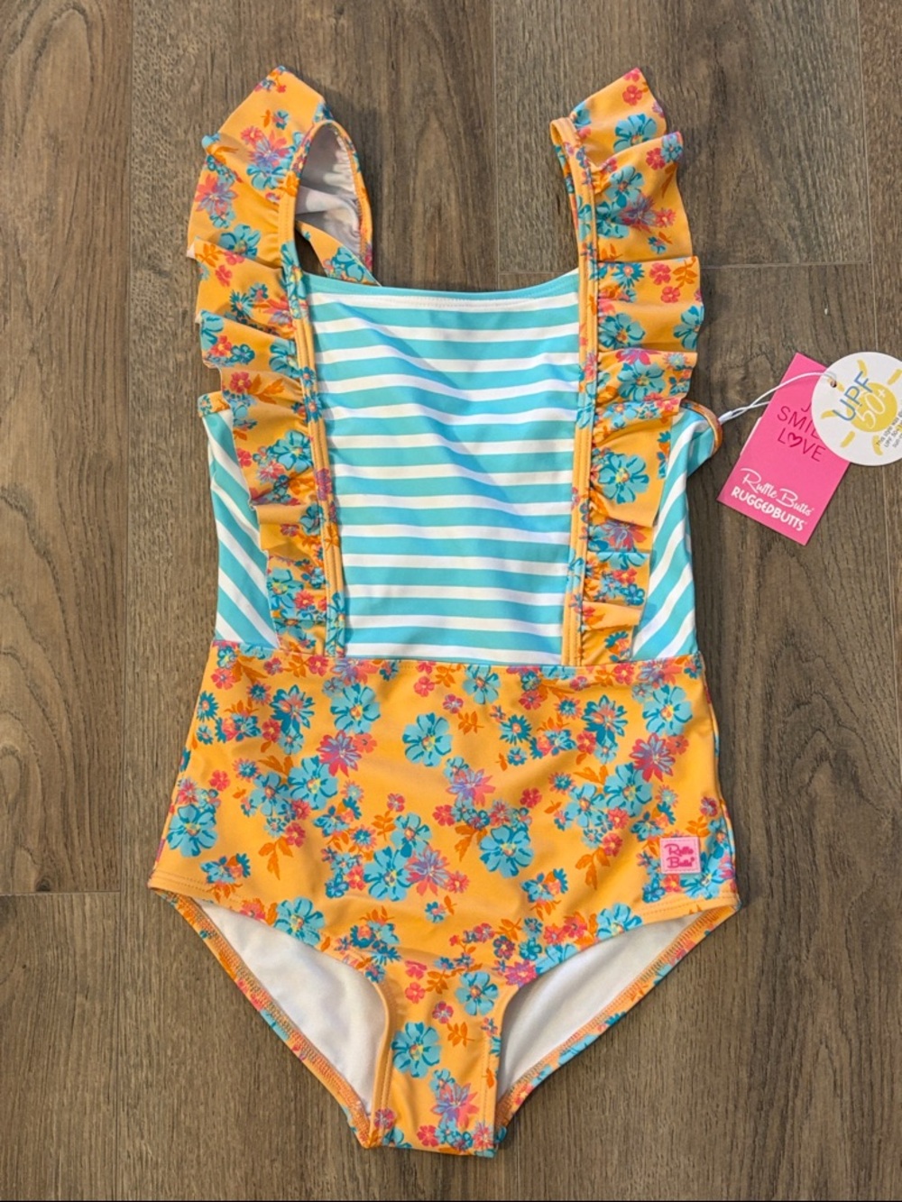 Ruffle Floral One-Piece Swimsuit - - Pastel Orange /Turquoise